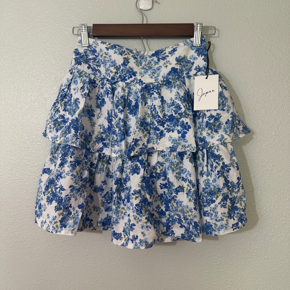 NWT Japna Blue White Floral Tiered Mini Skirt Smocked Back Cotton XS